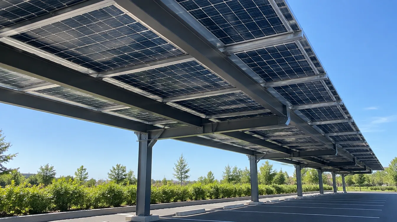 Structure d’une ombrière photovoltaïque vue de dessous, panneaux contre le ciel.