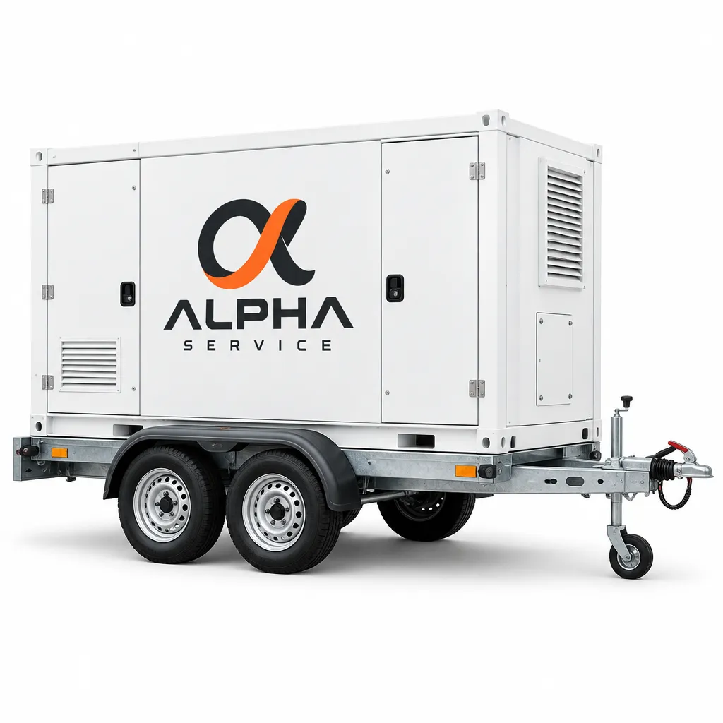 Batterie mobile sur remorque aux couleurs d’Alpha Service sur fond blanc.
